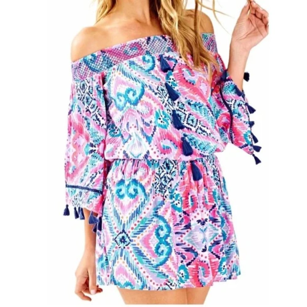 Women's Lilly Pulitzer Joelle Crepe Off The Shoulder Smocked Tassel Dress XS NWT